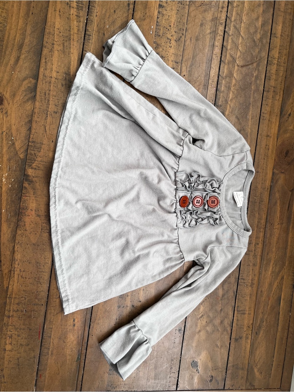 Baby Girls Gray Long-Sleeve Ruffle Top with Decorative Buttons